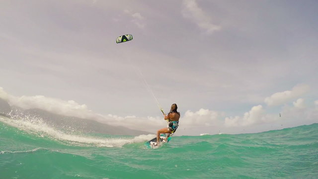 Kite Boarding Extreme Summer Sports POV GOPRO Slow Motion. Young Woman Kitesurfing in Ocean in Bikini. 