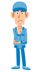 考える作業着の男性