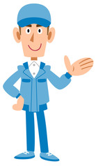 紹介する作業着の男性