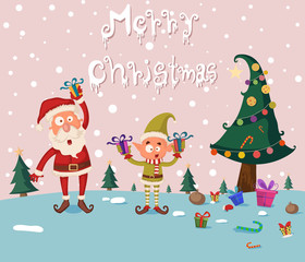 Santa and Elf in Merry Christmas holiday greeting card background