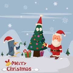 Santa Claus with gift for Merry Christmas holiday greeting card background