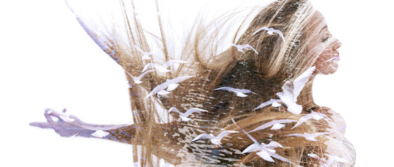 Double exposure of happy girl dancing and seagulls letterbox