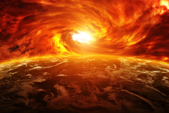 Fototapeta Red nebula in space with planet Earth