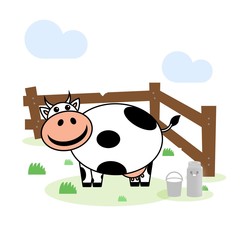 Vaca riendo en medio del campo y con un cubo y recipiente con leche