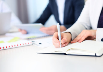 Image of business people hands working with papers at meeting