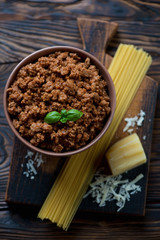 Ingredients for cooking spaghetti bolognese, high angle view