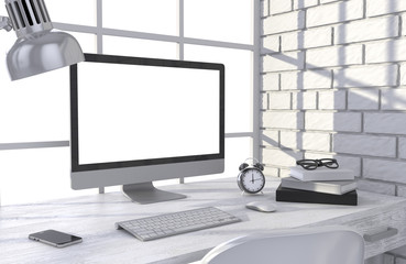 Fototapeta premium 3D illustration PC screen on table in office, Workspace