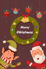 Santa and Elf in Merry Christmas holiday greeting card background