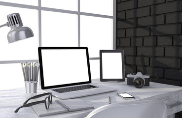 Fototapeta premium 3D illustration laptop and work stuff on table near brick wall, Workspace