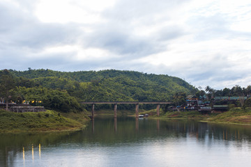 Fototapeta na wymiar Concrete bridge for car crossing in Sangklaburi. Kanchanaburi,