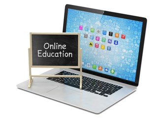  Laptop with chalkboard, online education concept