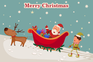 Santa and Elf flying in sleigh for Merry Christmas holiday