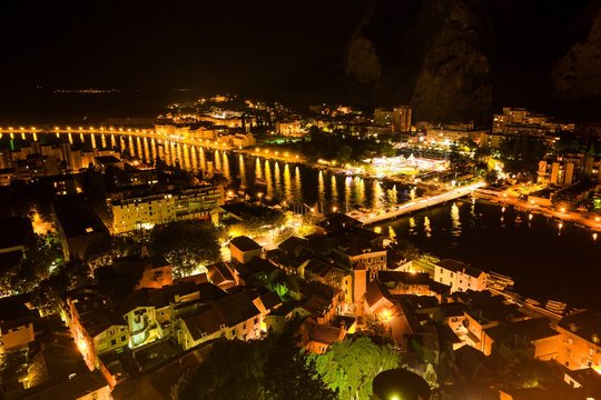 Aerial View of Omis and Cetina River at Night, Dalmatia