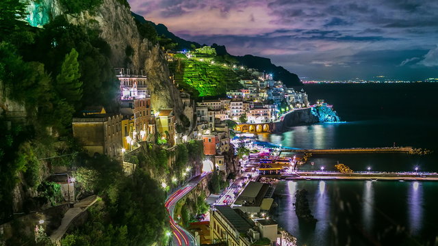 Night Amalfi. Southern Italy region. 4K video footage timelapse