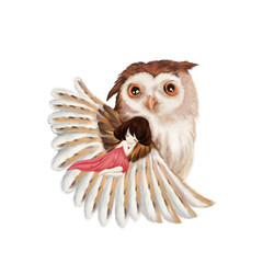 Illustration: The Girl and The Owl. The Girl Sleeps in the Feathers of The Big Owl. Realistic Fantastic Cartoon Style Creative Idea / Character / Scene / Background / Wallpaper Design.
