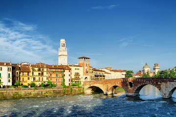 Obraz premium View of the Ponte Pietra and bell tower of the Verona Cathedral