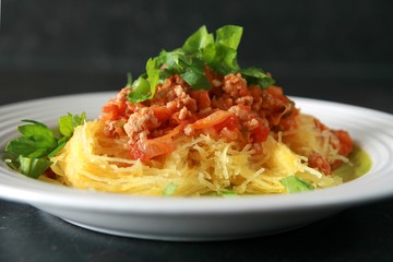 Pumpkin spaghetti with bolognese sauce
