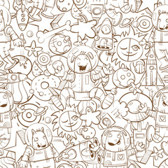 Space vector seamless pattern with cartoon dogs astronauts, rockets, stars and planets on  white background.