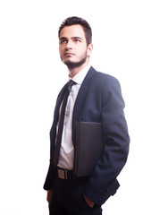 Businessman with folder in hand on white background