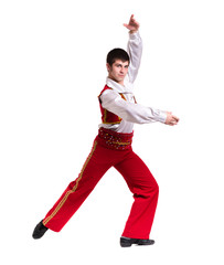 Dancing man wearing a toreador costume. Isolated on white in full length