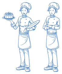 Happy and sad young female baker with a fresh cake in one hand and a bred in the other, in two emotions. Hand drawn cartoon doodle vector illustration.