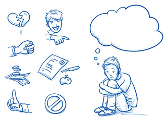 Sad teenage boy having problems, with thought bubble and icons. Hand drawn cartoon doodle vector illustration.
