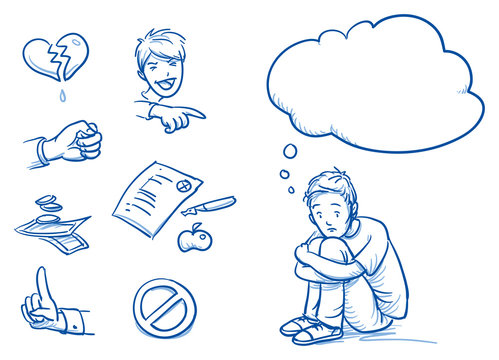 Sad teenage boy having problems, with thought bubble and icons. Hand drawn cartoon doodle vector illustration.