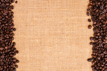 Canvas and Coffee Beans Photo Background. Copy Space