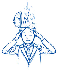 Business man with flames coming out of his head, concept for stress, burnout, headache, hand drawn doodle vector illustration