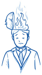 Business man with flames coming out of his head, concept for stress, burnout, headache, hand drawn doodle vector illustration