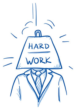 Business man with heavy weight instead of head, symbolizing stress, burnout, headache, depression, hard work, hand drawn doodle vector illustration