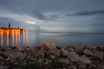 Night view of coastal town of Porec in Croatia