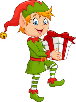 Happy green elf boy holding gifts