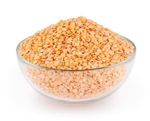 Red lentils isolated on white background with clipping path