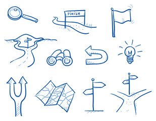 Icon set business search & decision with spy glass, idea bulb, magnifier, road crotch, flag, finish, map. hand drawn vector doodle
