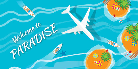 Summer vacation, time to travel - sun, sea, waves, sand, airplane, yacht, palm, island. Top view vector  illustration concept. Flat style summer background.