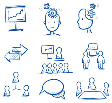 Icon set business team & communication with chart, network, speech bubbles, figures, speech, thinking. hand drawn vector doodle