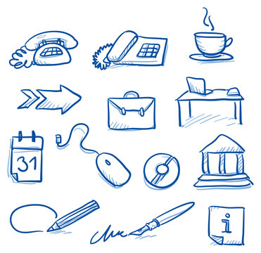 Icon set business office & communication with phone, coffee, desk, calendar, mouse, signature, law. hand drawn vector doodle