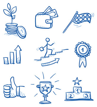 Icon set business success with money, winner's podium, trophy, thumb up, chart. hand drawn vector doodle