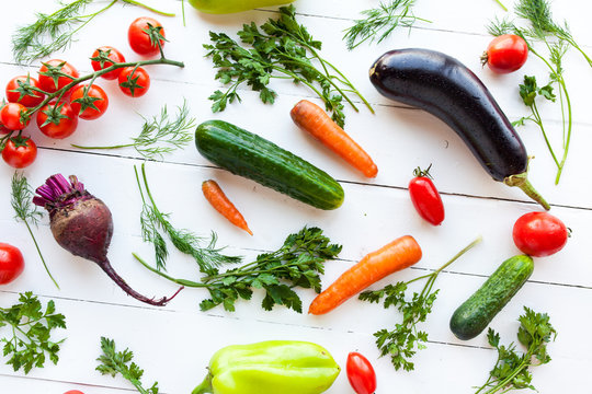 Various raw healthy food on table