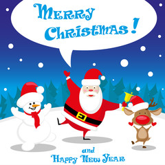 Vector banner funny Santa Claus and dancing deers on background night wood with hand drawn text Merry Christmas