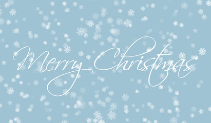 Merry Christmas greetings card with white snowflakes created by illustrator ink brush on blue background