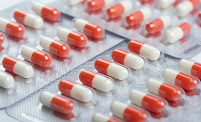Pile of pills in blister packs, shallow DOF