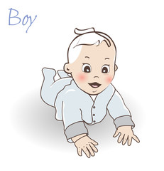 Cute little baby boy.  Crawling baby boy in the blue overall.