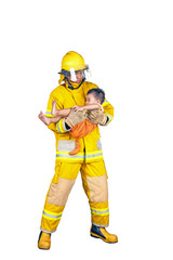 firefighter, fireman rescued the child from the fire, isolated on white
