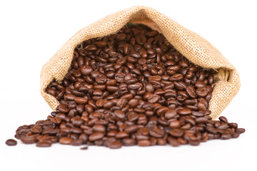 Coffee bag - coffee beans in canvas coffee sack isolated on white background