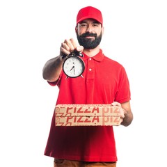 Pizza delivery man holding vintage clock