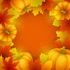 Vector colorful background with autumn leaves and pumpkins.