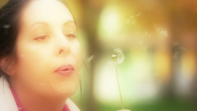 The blurred young woman  blowing dandelion in the park as a parallel recording, Slow Motion Video clip