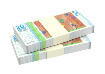 Bristol pound bills isolated on white background. Computer generated 3D photo rendering.